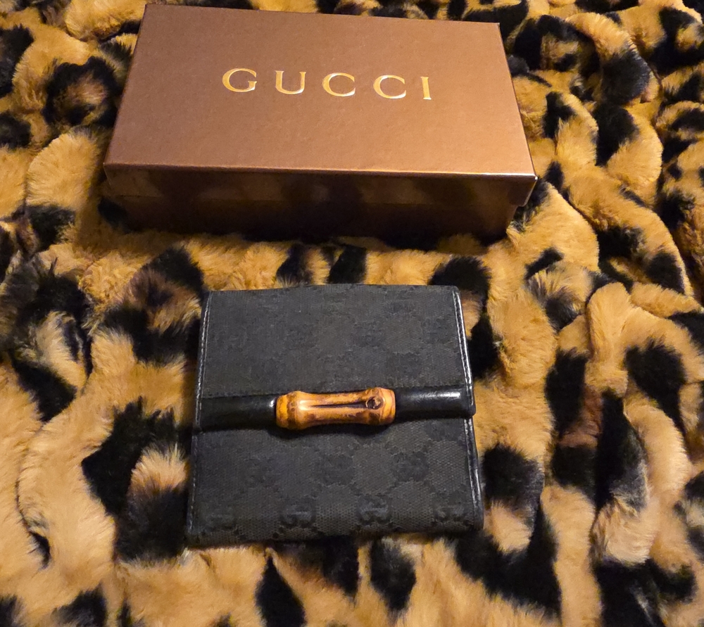 Gucci Black GG Canvas Men's Wallet with Bamboo Accent